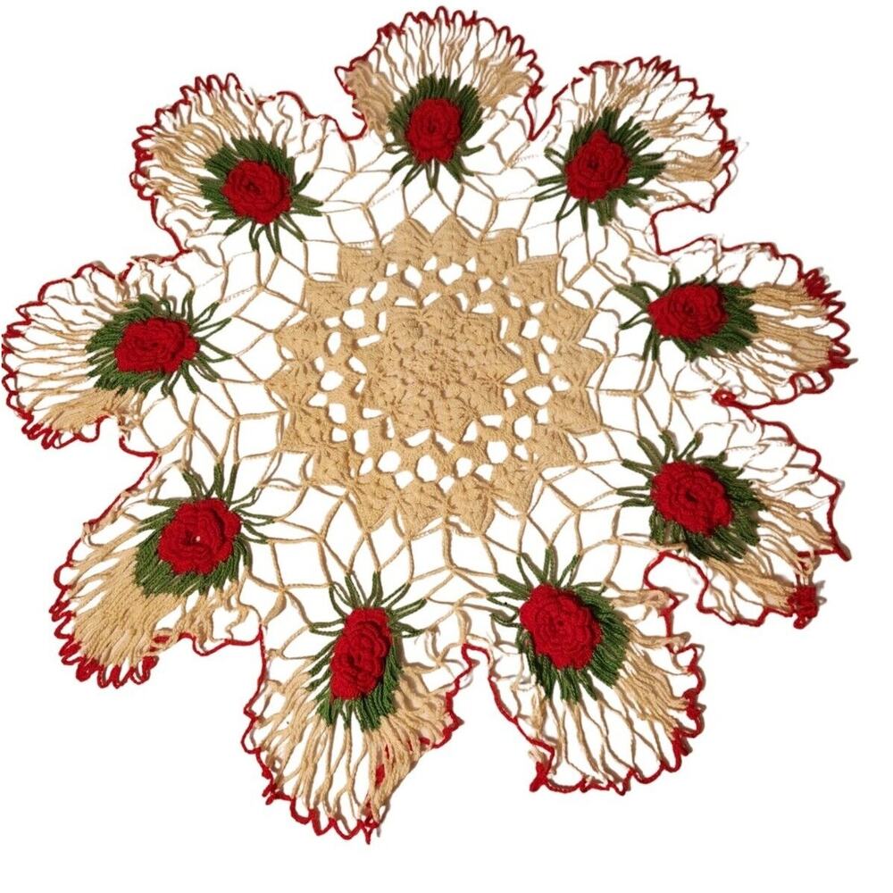 VTG XL 25" Doily Table Topper Christmas Handmade Crochet Poinsettia Cottage